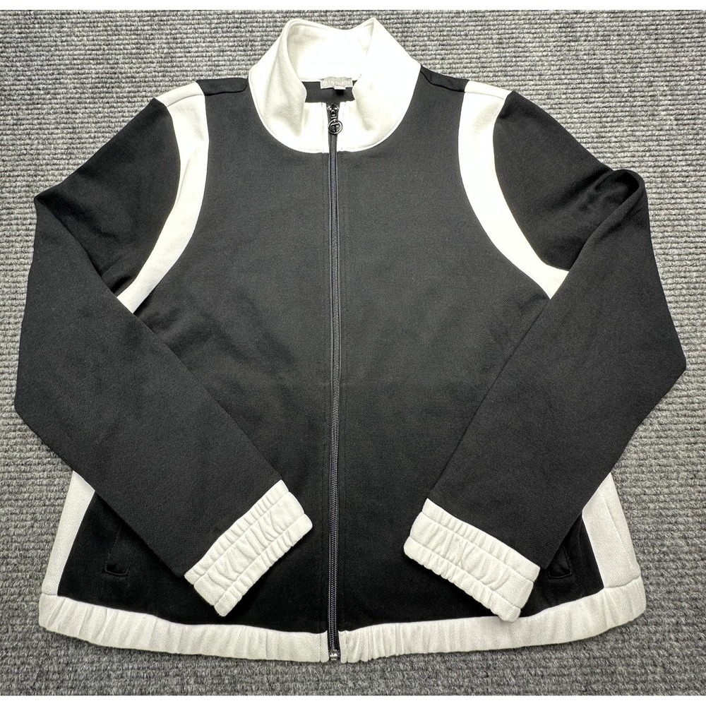T By Talbots Jacket Womens Large Black White Zip Front Cotton Blend Athleisure